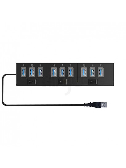 רכזת USB 3.0 שחורה עם 10 פורטים כחולים ו-3 מתגי הפעלה