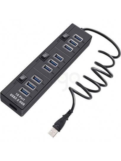רכזת USB 3.0 שחורה עם 10 פורטים כחולים ו-3 מתגי הפעלה