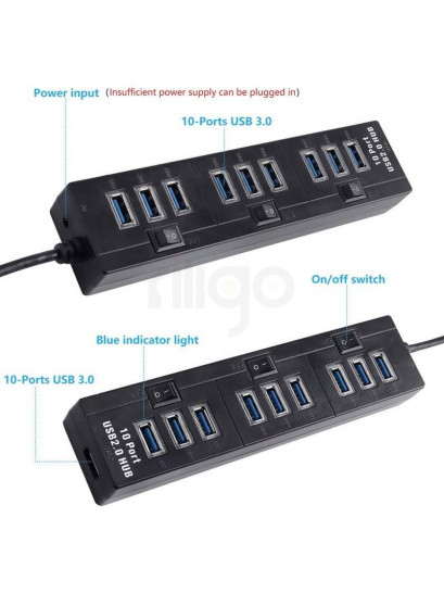 רכזת USB 3.0 שחורה עם 10 פורטים כחולים ו-3 מתגי הפעלה