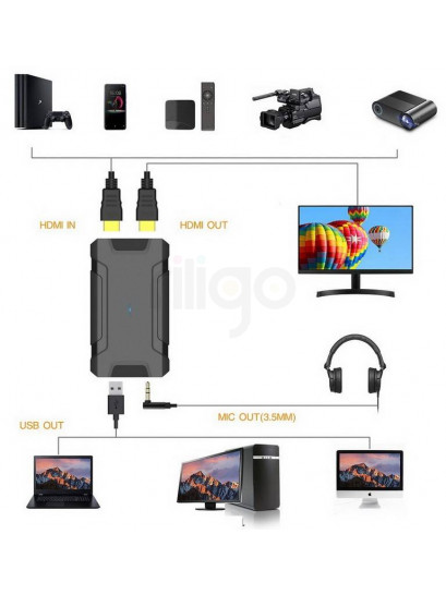 מתאם לכידת HDMI ל-USB3.0, להעברת תכני HD למחשב, עם HDMI LOOP OUT ו-MIC IN, תומך 4K@60HZ (לא לממירי כבלים)
