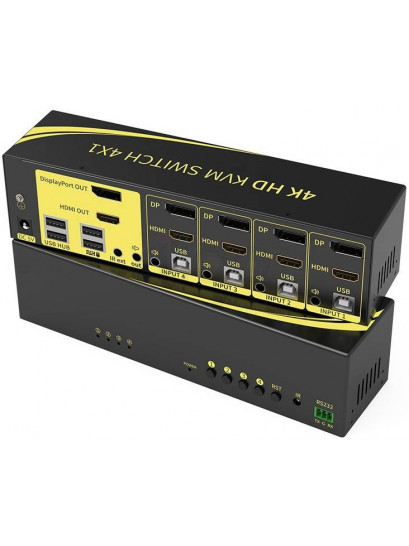 קופסת מיתוג KVM מ-4 מחשבים לעמדת עבודה אחת עם 2 מסכים DP+HDMI 4K@60HZ, עכבר ומקלדת USB, אודיו ואביזרי USB נוספים, כולל כבלים, ספק כוח,שלט רחוק ו-RS232