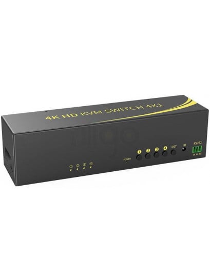 קופסת מיתוג KVM מ-4 מחשבים לעמדת עבודה אחת עם 2 מסכים DP+HDMI 4K@60HZ, עכבר ומקלדת USB, אודיו ואביזרי USB נוספים, כולל כבלים, ספק כוח,שלט רחוק ו-RS232