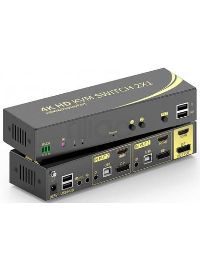 קופסת מיתוג KVM מ-2 מחשבים לעמדת עבודה אחת עם 2 מסכים DP+HDMI 4K@60HZ, עכבר ומקלדת USB, אודיו ואביזרי USB נוספים, כולל כבלים, ספק כוח,שלט רחוק ו-RS232