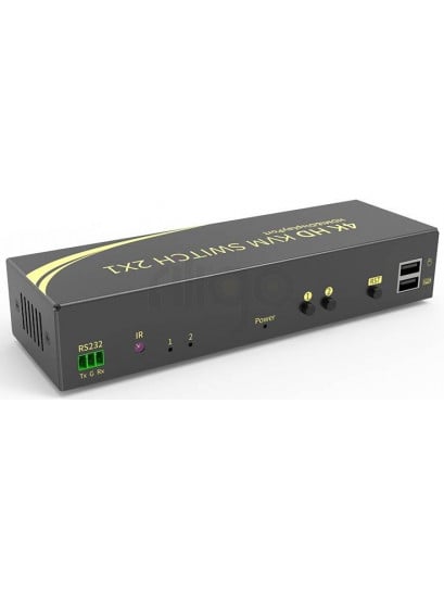קופסת מיתוג KVM מ-2 מחשבים לעמדת עבודה אחת עם 2 מסכים DP+HDMI 4K@60HZ, עכבר ומקלדת USB, אודיו ואביזרי USB נוספים, כולל כבלים, ספק כוח,שלט רחוק ו-RS232
