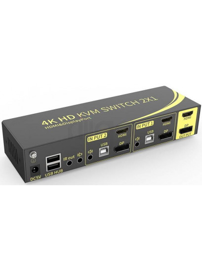 קופסת מיתוג KVM מ-2 מחשבים לעמדת עבודה אחת עם 2 מסכים DP+HDMI 4K@60HZ, עכבר ומקלדת USB, אודיו ואביזרי USB נוספים, כולל כבלים, ספק כוח,שלט רחוק ו-RS232