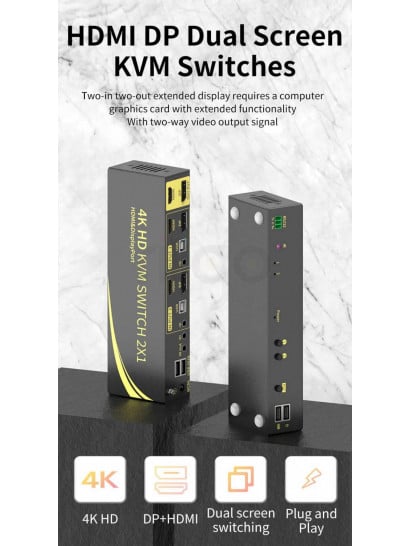 קופסת מיתוג KVM מ-2 מחשבים לעמדת עבודה אחת עם 2 מסכים DP+HDMI 4K@60HZ, עכבר ומקלדת USB, אודיו ואביזרי USB נוספים, כולל כבלים, ספק כוח,שלט רחוק ו-RS232