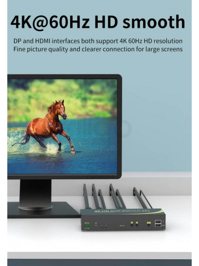 קופסת מיתוג KVM מ-2 מחשבים לעמדת עבודה אחת עם 2 מסכים DP+HDMI 4K@60HZ, עכבר ומקלדת USB, אודיו ואביזרי USB נוספים, כולל כבלים, ספק כוח,שלט רחוק ו-RS232