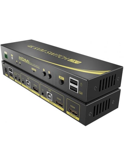 מתג KVM מ-2 מחשבים לעמדת עבודה אחת אוטומטי HDMI 4K@60HZ + USB2.0 + AUDIO עם ספק כוח, שלט רחוק וכבלים
