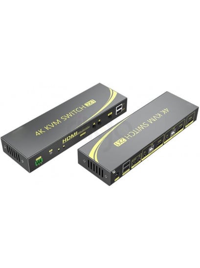 מתג KVM מ-2 מחשבים לעמדת עבודה אחת אוטומטי HDMI 4K@60HZ + USB2.0 + AUDIO עם ספק כוח, שלט רחוק וכבלים