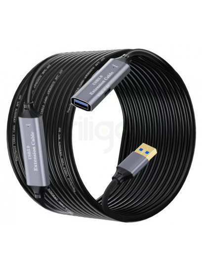 כבל מאריך אקטיבי USB3.2 GEN1 זכר - נקבה מוגבר, 5 מטר + שקע DC