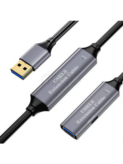כבל מאריך אקטיבי USB3.2 GEN1 זכר - נקבה מוגבר, 5 מטר + שקע DC