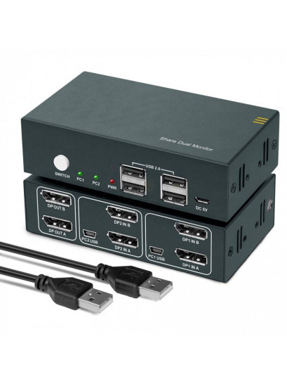 מתג DUAL HEAD KVM 2:1 אוטומטי 2xDISPLAYPORT 4K@60HZ + USB2.0 + ספק + כבלים