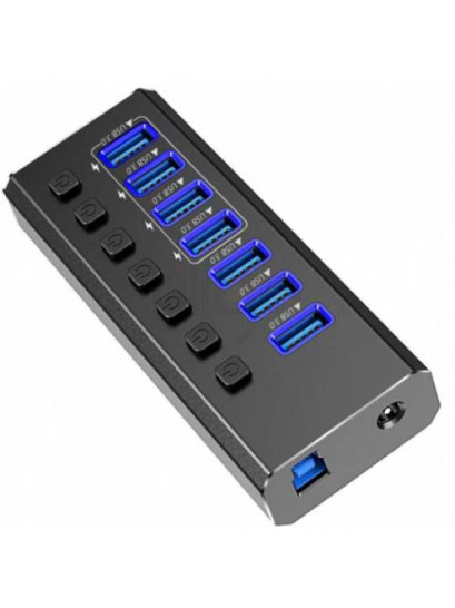 רכזת USB 3.0 שחורה עם 7 פורטים כחולים וכפתורי הפעלה