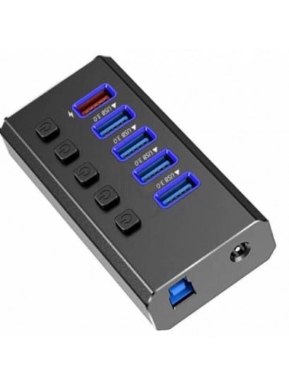 רכזת USB 3.0 שחורה מאלומיניום עם 5 פורטים כחולים ואדומים וכפתורי הפעלה