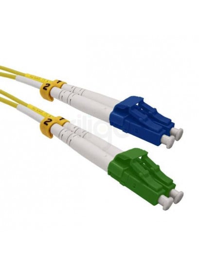 מגשר אופטי דופלקס צהוב עם מחברי LC/APC ירוק ו-LC/UPC כחול