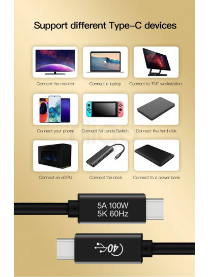 כבל  40Gbps 240W 8K@60HZ USB 4.0, תקע USB C זכר - C זכר 1.5 מטר