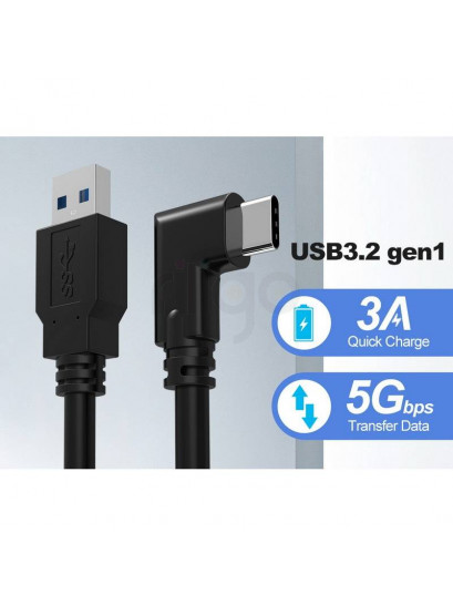 כבל USB שחור עם מחבר Type-A ישר ומחבר Type-C זוויתי