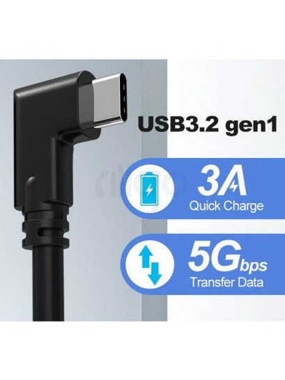 כבל USB שחור עם מחבר Type-C ישר ומחבר Type-C זוויתי