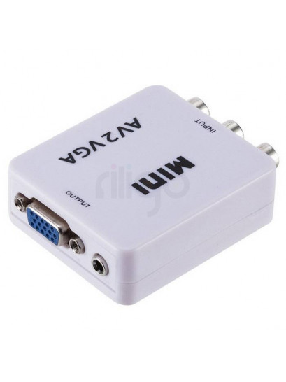 ממיר AV ל-VGA לבן עם כניסות RCA ויציאת VGA