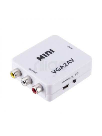 ממיר VGA2AV לבן עם יציאות RCA צהוב, לבן ואדום, וחיבור USB