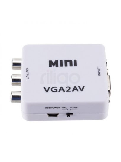 ממיר VGA2AV לבן עם יציאות RCA צהוב, לבן ואדום, וחיבור USB