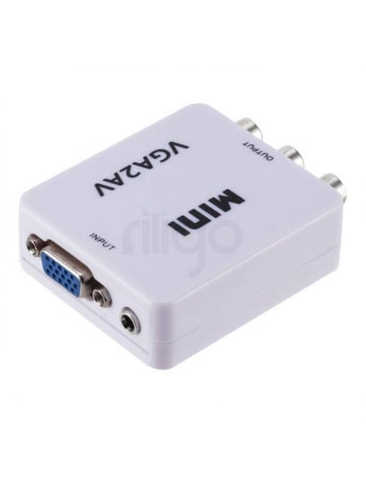 ממיר VGA2AV לבן עם יציאות RCA צהוב, לבן ואדום, וחיבור USB