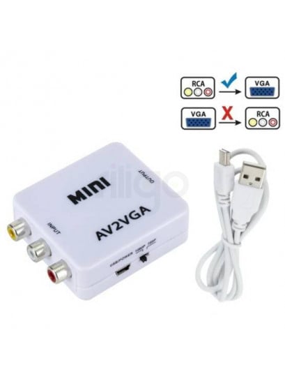 ממיר VGA2AV לבן עם יציאות RCA צהוב, לבן ואדום, וחיבור USB