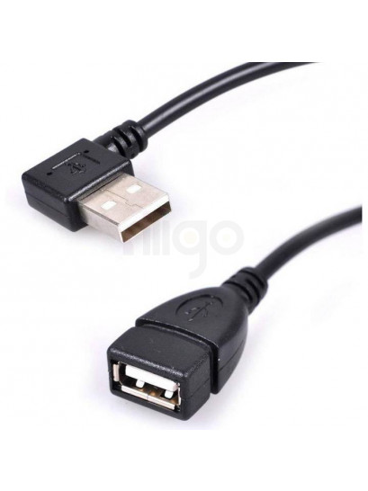 כבל מאריך USB2.0 שחור עם חיבור זכר זוויתי וחיבור נקבה