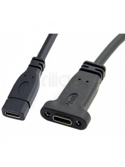 כבל USB Type-C שחור זכר לנקבה לפאנל עם ברגים