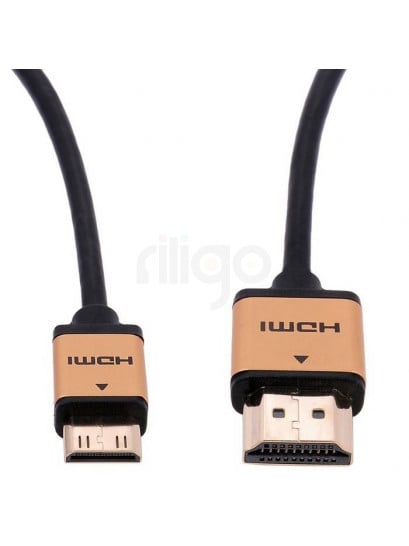 כבל HDMI שחור עם מחברי HDMI ו-Mini HDMI מוזהבים