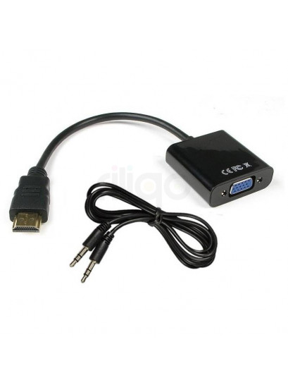 ממיר HDMI ל-VGA שחור עם כבל אודיו 3.5 מ"מ