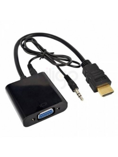 ממיר HDMI ל-VGA שחור עם כבל אודיו 3.5 מ"מ
