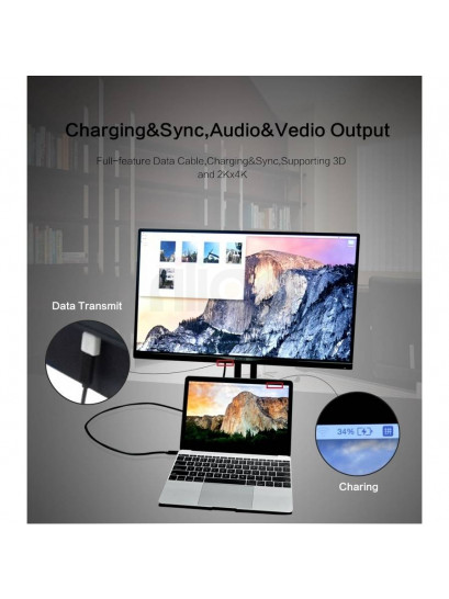 כבל USB-C שחור ארוג עם מחברי מתכת אפורים משני הצדדים