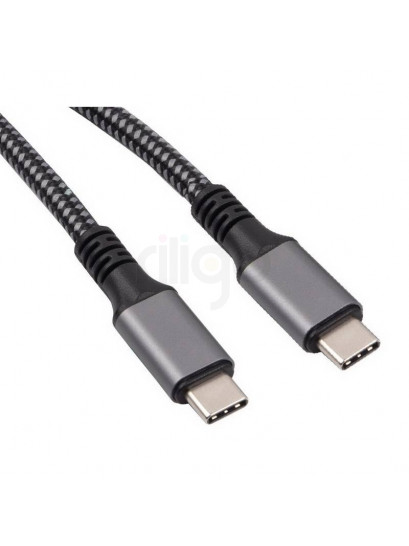 כבל USB-C קלוע בצבע אפור-שחור עם מחברי USB-C זכר כסופים