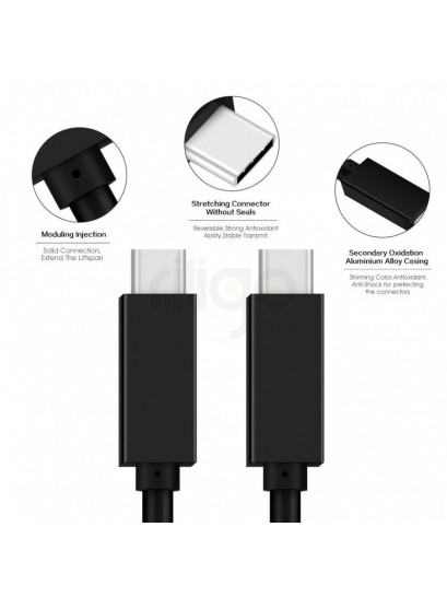 כבל USB-C קלוע בצבע אפור-שחור עם מחברי USB-C זכר כסופים
