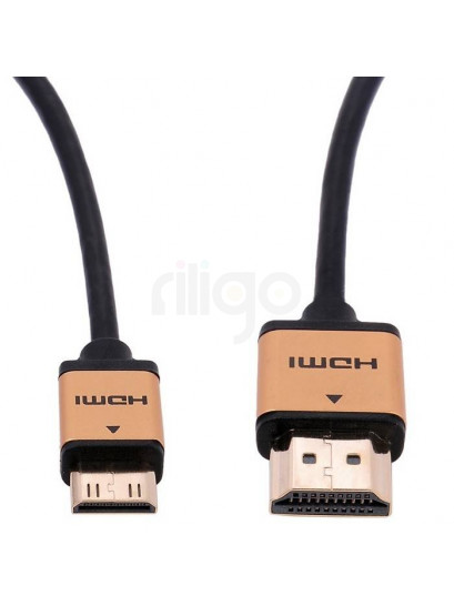 כבל HDMI שחור עם קונקטורים מוזהבים, צד אחד HDMI וצד שני Mini HDMI