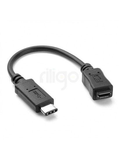 כבל מתאם שחור USB C זכר ל-Micro B 2.0 נקבה על רקע לבן