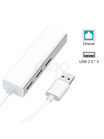מפצל/מתאם USB 2.0 ל 3 חיבורי USB2.0 + חיבור לרשת
