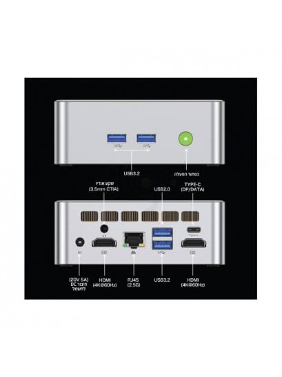 מחשב מיני GMK-M3 בצבע כסוף-לבן עם חיבורי USB, HDMI, DP ו-Type-C