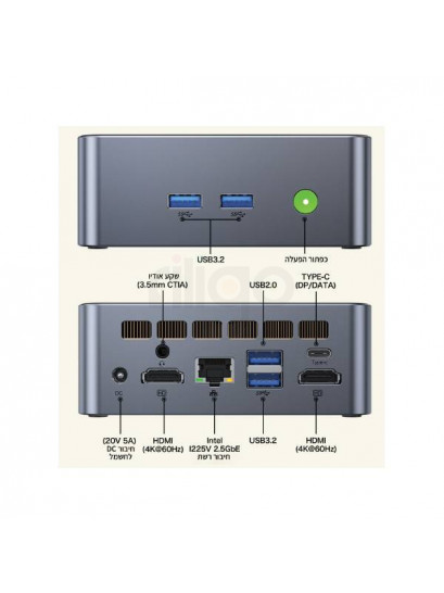 מחשב מיני GMK-M3 Mini PC שחור עם חיבורי USB, HDMI ו-LAN