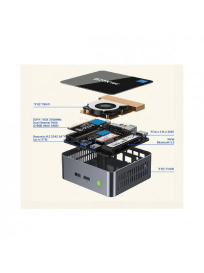 מחשב מיני GMK-M3 Mini PC שחור עם חיבורי USB, HDMI ו-LAN