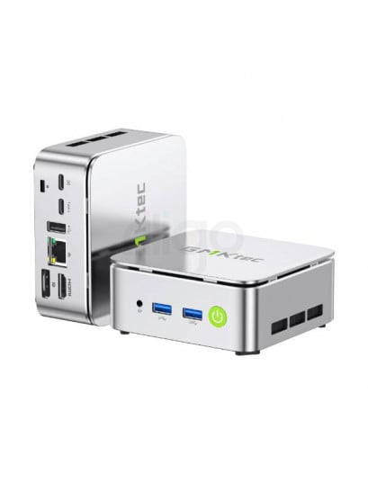 מחשב מיני PC GMKtec G10 כסוף עם חיבורי USB, HDMI, DisplayPort ו-Type-C