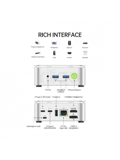 מחשב מיני PC GMKtec G10 כסוף עם חיבורי USB, HDMI, DisplayPort ו-Type-C