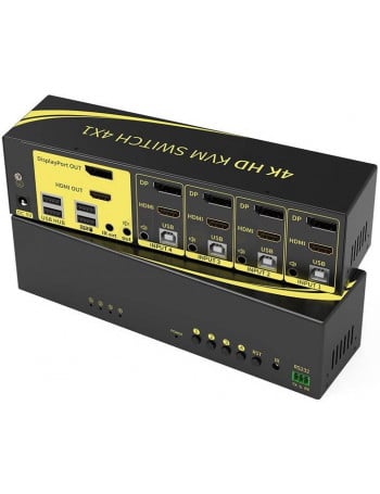 קופסת מיתוג KVM מ-4 מחשבים לעמדת עבודה אחת עם 2 מסכים DP+HDMI 4K@60HZ, עכבר ומקלדת USB, אודיו ואביזרי USB נוספים, כולל כבלים, ספק כוח,שלט רחוק ו-RS232