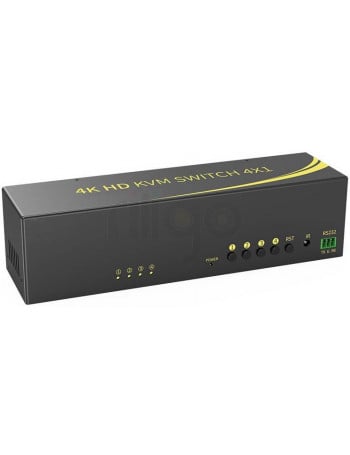 קופסת מיתוג KVM מ-4 מחשבים לעמדת עבודה אחת עם 2 מסכים DP+HDMI 4K@60HZ, עכבר ומקלדת USB, אודיו ואביזרי USB נוספים, כולל כבלים, ספק כוח,שלט רחוק ו-RS232