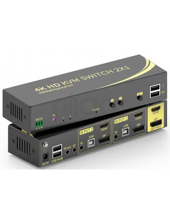 קופסת מיתוג KVM מ-2 מחשבים לעמדת עבודה אחת עם 2 מסכים DP+HDMI 4K@60HZ, עכבר ומקלדת USB, אודיו ואביזרי USB נוספים, כולל כבלים, ספק כוח,שלט רחוק ו-RS232