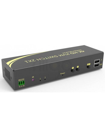 קופסת מיתוג KVM מ-2 מחשבים לעמדת עבודה אחת עם 2 מסכים DP+HDMI 4K@60HZ, עכבר ומקלדת USB, אודיו ואביזרי USB נוספים, כולל כבלים, ספק כוח,שלט רחוק ו-RS232