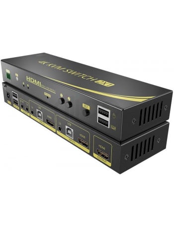 מתג KVM מ-2 מחשבים לעמדת עבודה אחת אוטומטי HDMI 4K@60HZ + USB2.0 + AUDIO עם ספק כוח, שלט רחוק וכבלים