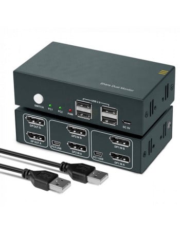 מתג DUAL HEAD KVM 2:1 אוטומטי 2xDISPLAYPORT 4K@60HZ + USB2.0 + ספק + כבלים