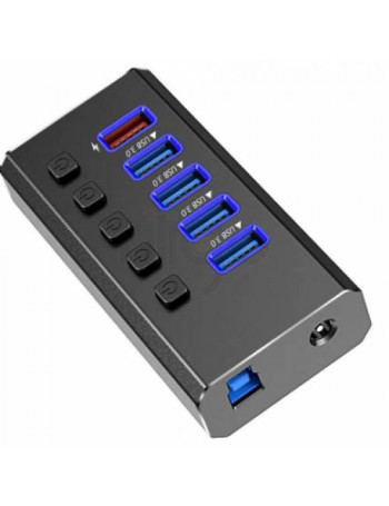 רכזת USB 3.0 שחורה מאלומיניום עם 5 פורטים כחולים ואדומים וכפתורי הפעלה